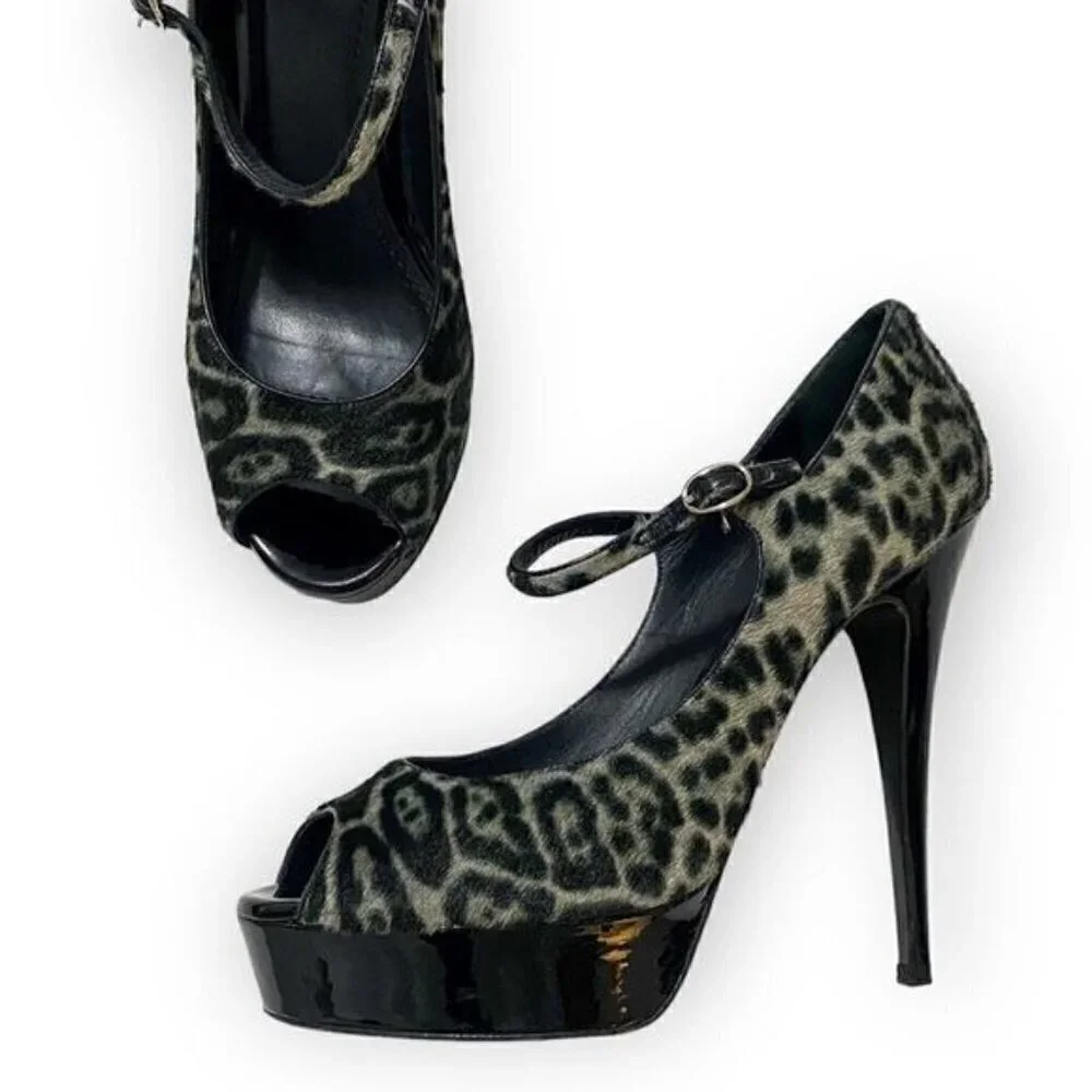YSL Yves Saint Laurent Tribute Too 105 Mary Jane Peep Toe Pumps, Pony Leopard